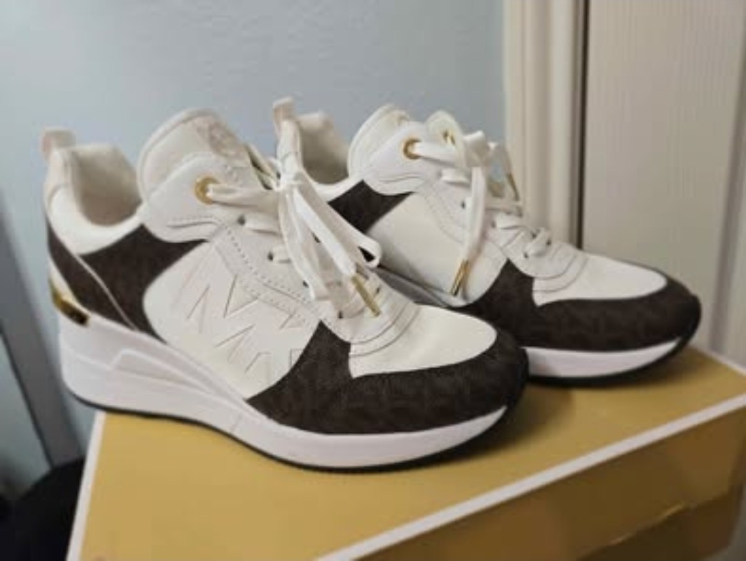 Michael Kors Women’s White Brown Gold Logo Lace Up Wedge Sneakers Designer