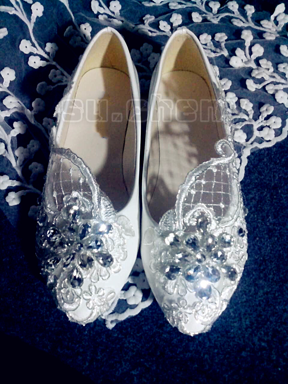 su.cheny- Lace white ivory crystal flats low high heel pump Wedding Bridal shoes