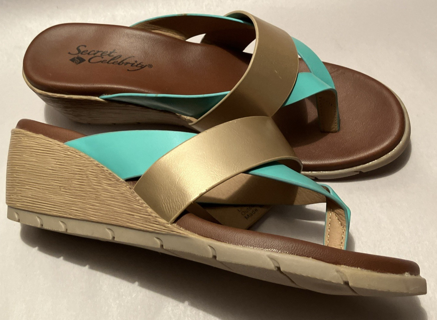 New Secret Celebrity Eclipse Women 8M Turquoise/Gold Strap 2″ Wedge Heel Sandals