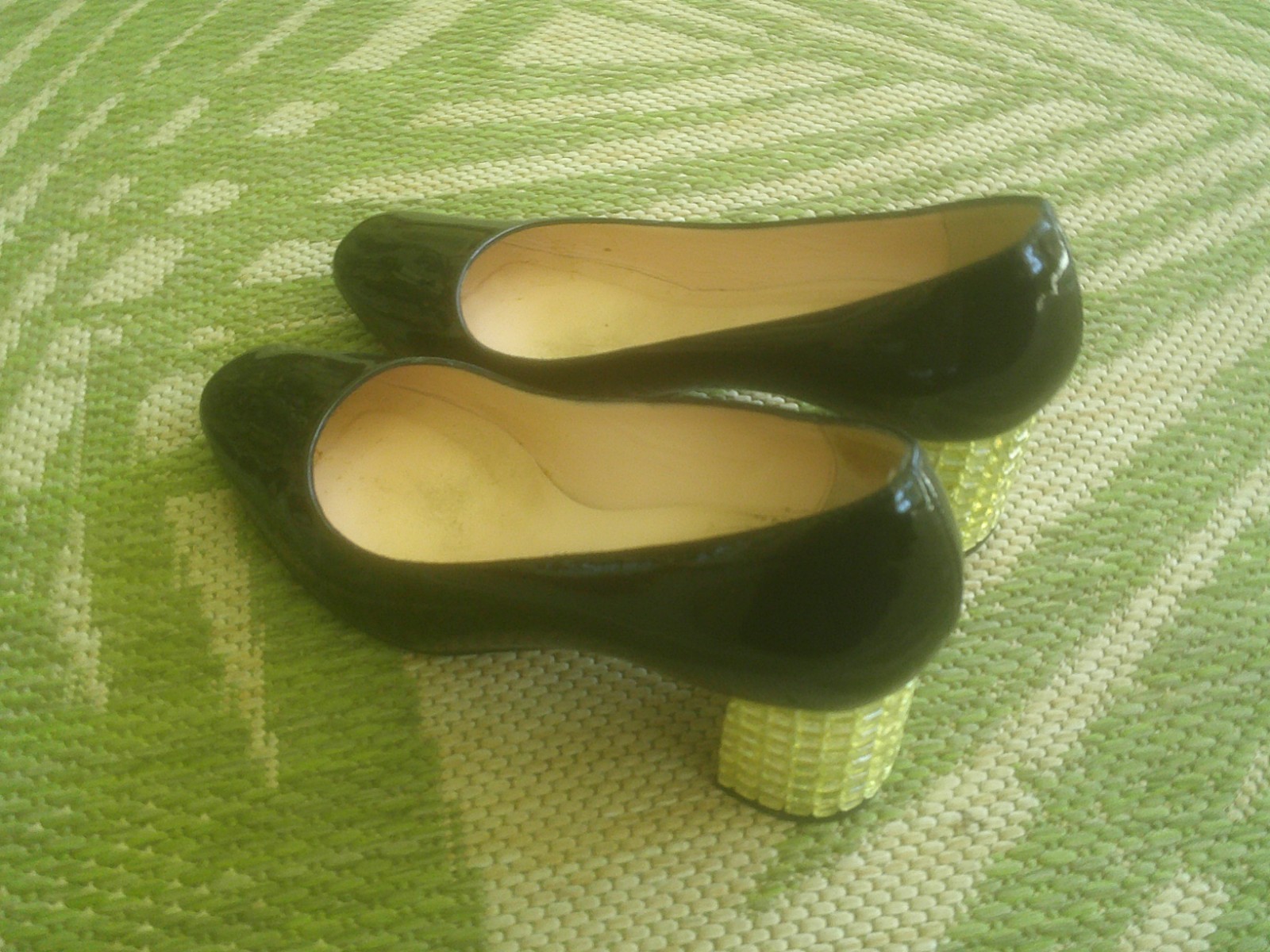 Kate Spade Danika Too Heels 6.5C Black Patent Leather Crystal Block Heel EUC