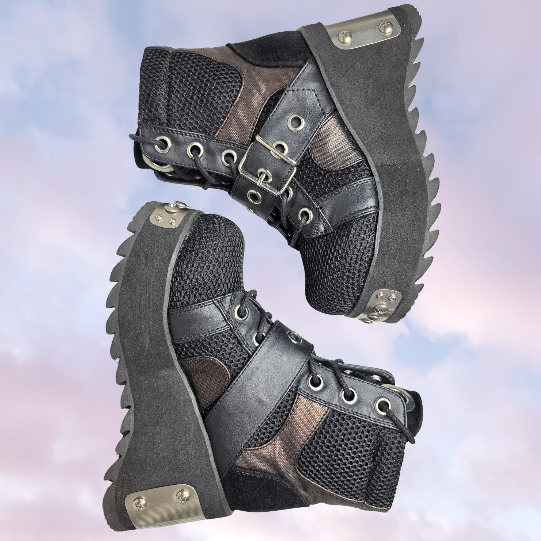 Demonia Black Wedge Platform Grunge Goth Festival Punk Metal Studded Boots 7.5
