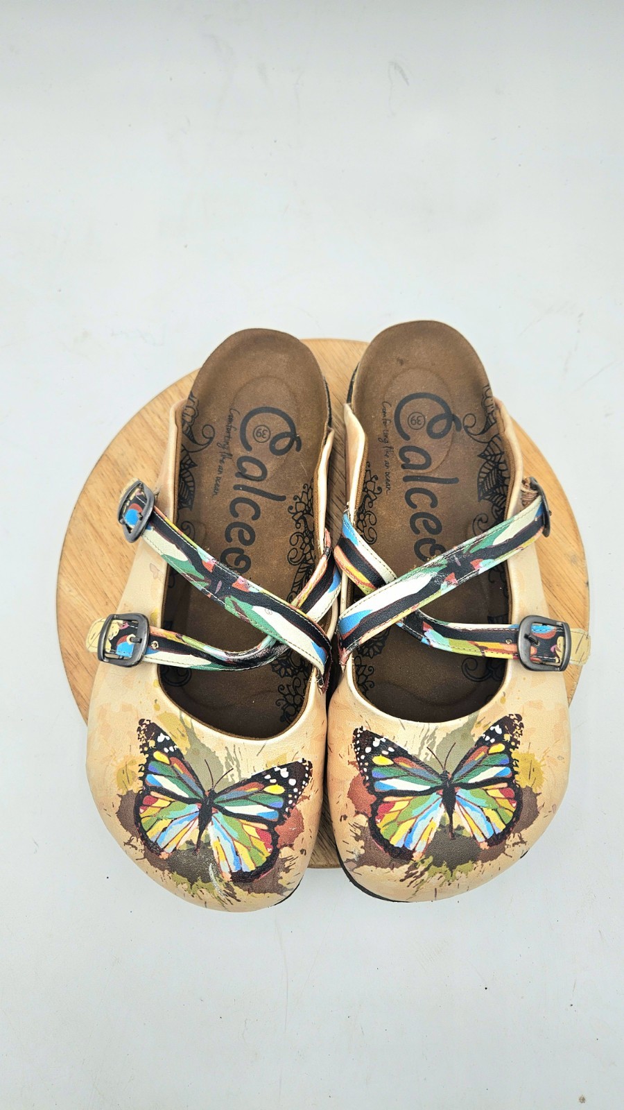 CALCEO Women’s Colorful BUTTERFLY Beige Cork Sole Slip-On Shoes SIze 7.5US