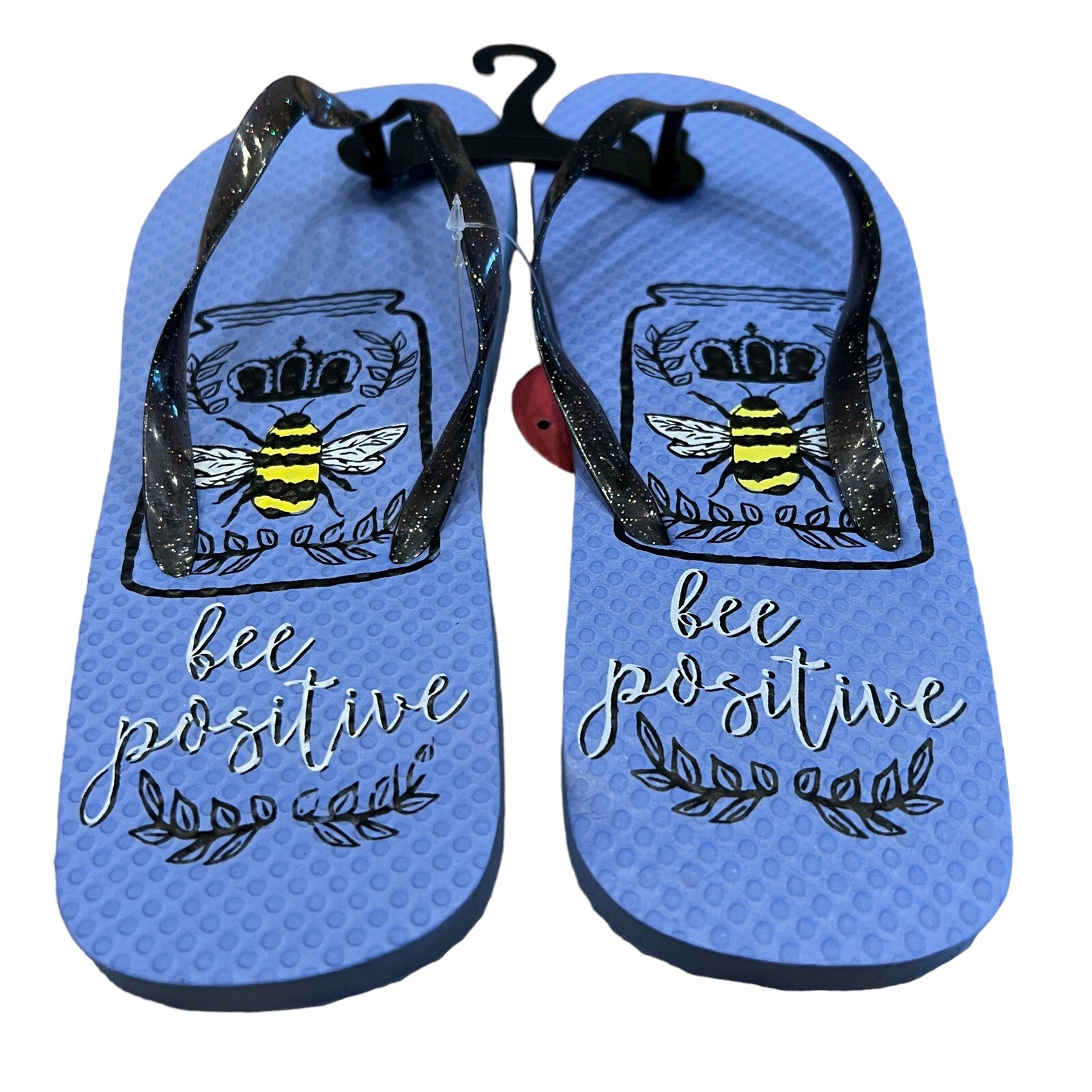 New Size M 7/8 “Bee Positive” Summer Rubber Flip Flops, Glitter Straps