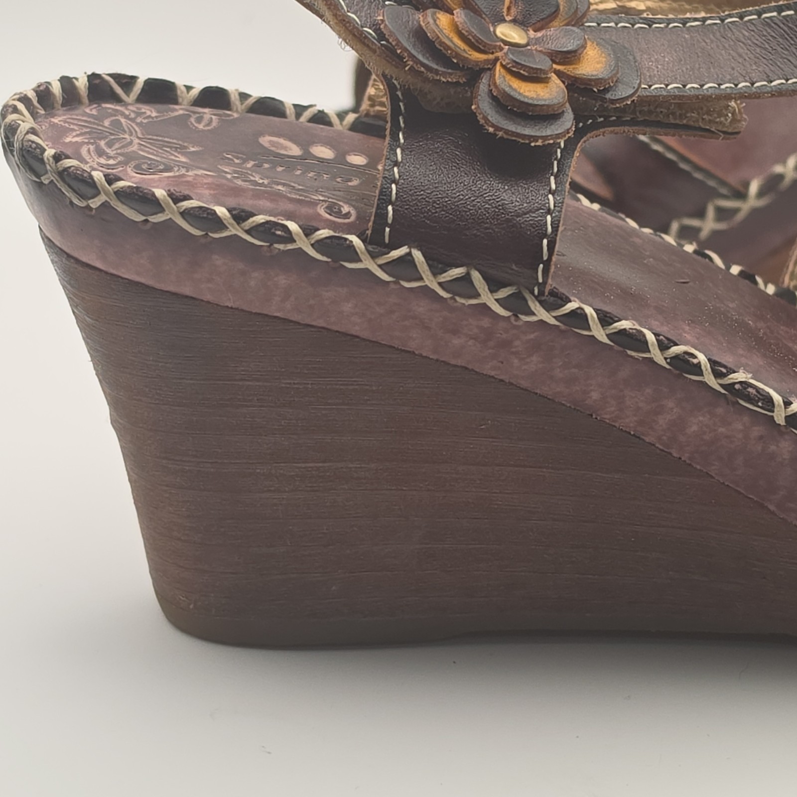 L’Artiste by Spring Step Lilith-BR Brown Leather Floral Wedge Sandals Women’s 39