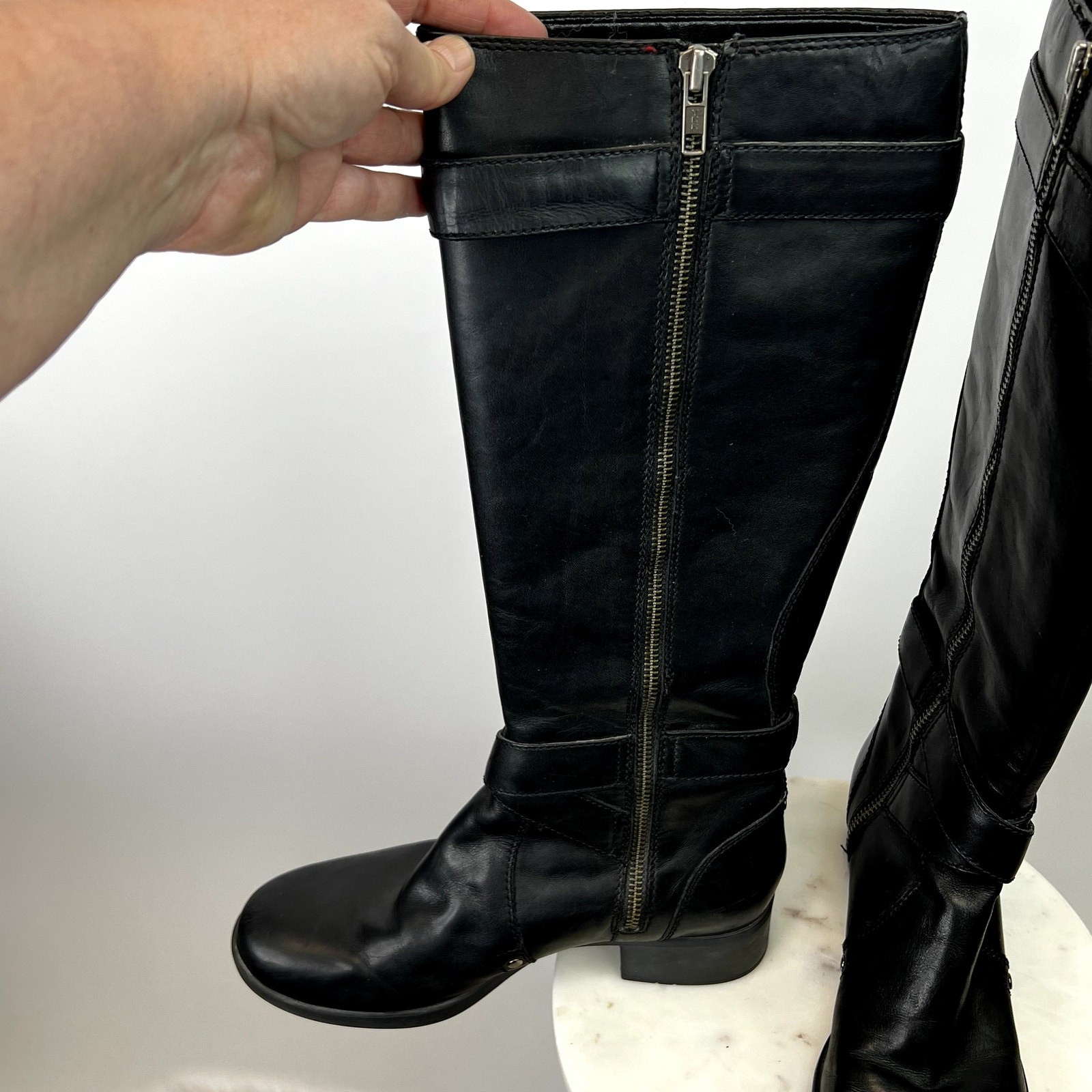 Franco Sarto Piston Tall 100% Leather Black Boots with Buckle Detailing SZ 7 1/2