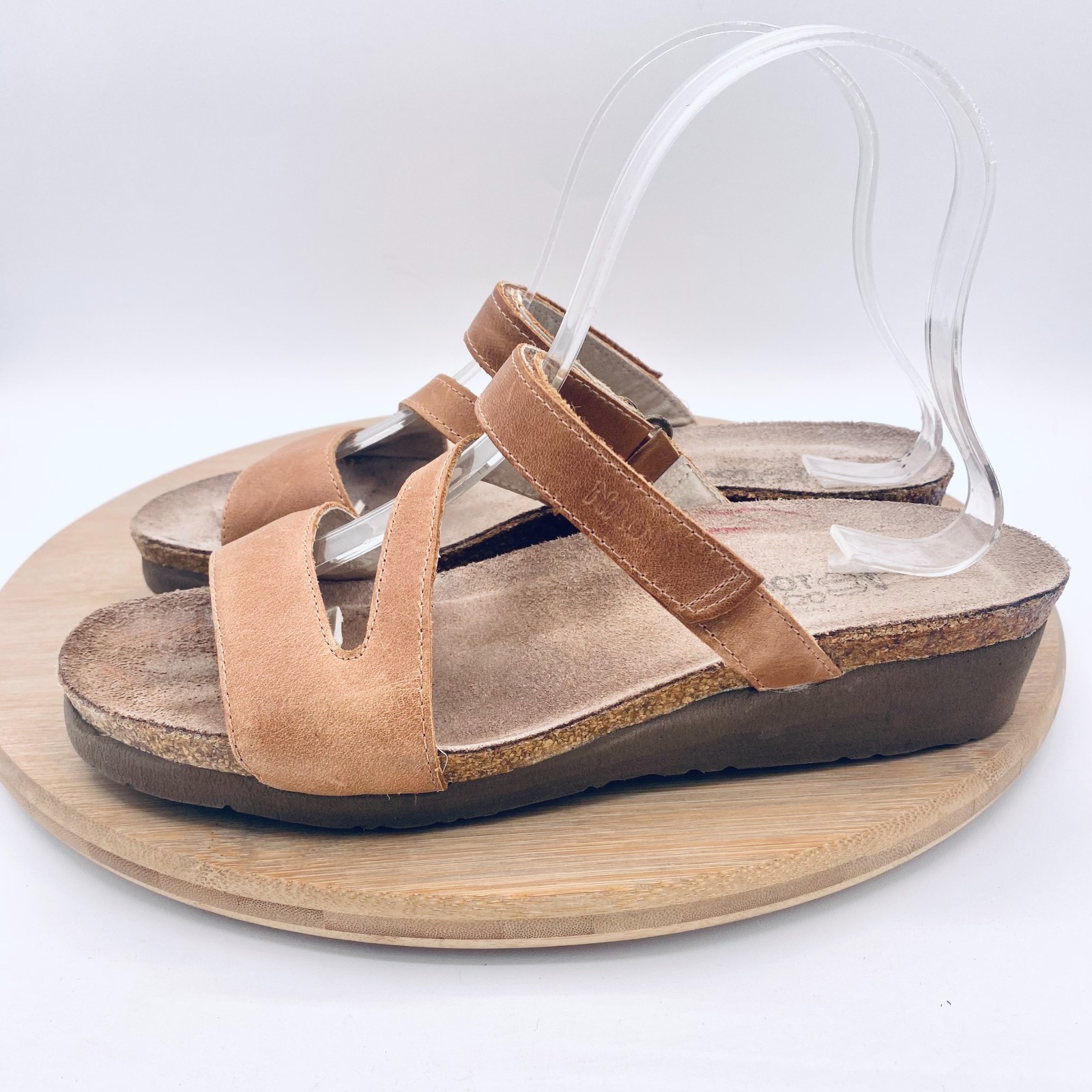 Naot Sandals Womens 8 39 Beige Leather Strappy Gabriela Slides Cork Peep