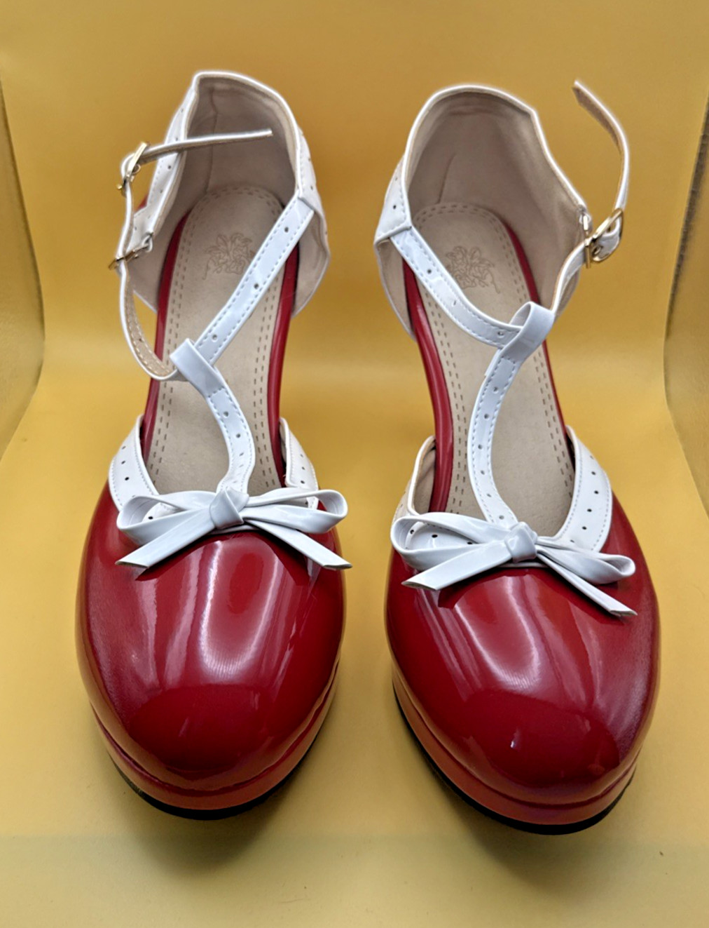 ForeMode Fashion T-Strap Bow Platform Round Toe High Heels Red/White sz 12.5