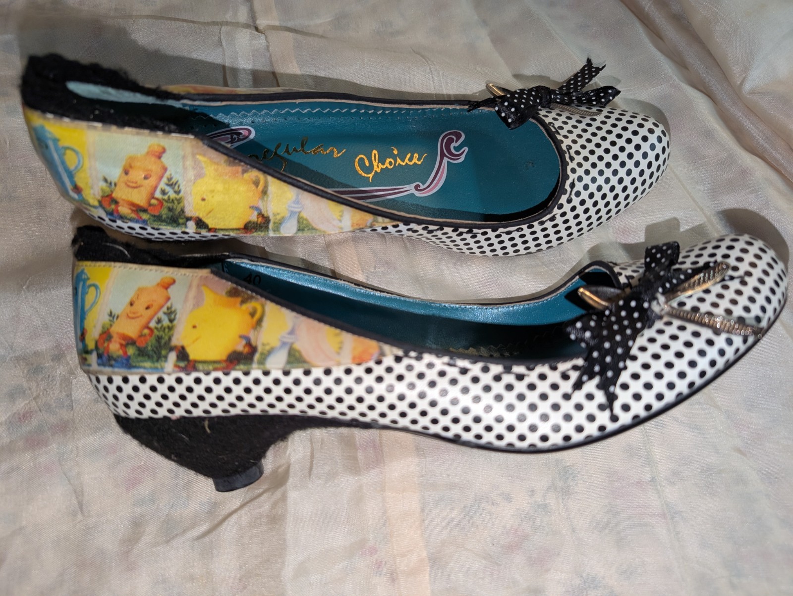 Black White Polka Dot Spoon Teapots Kitten Heels Irregular Choice 8.5-9