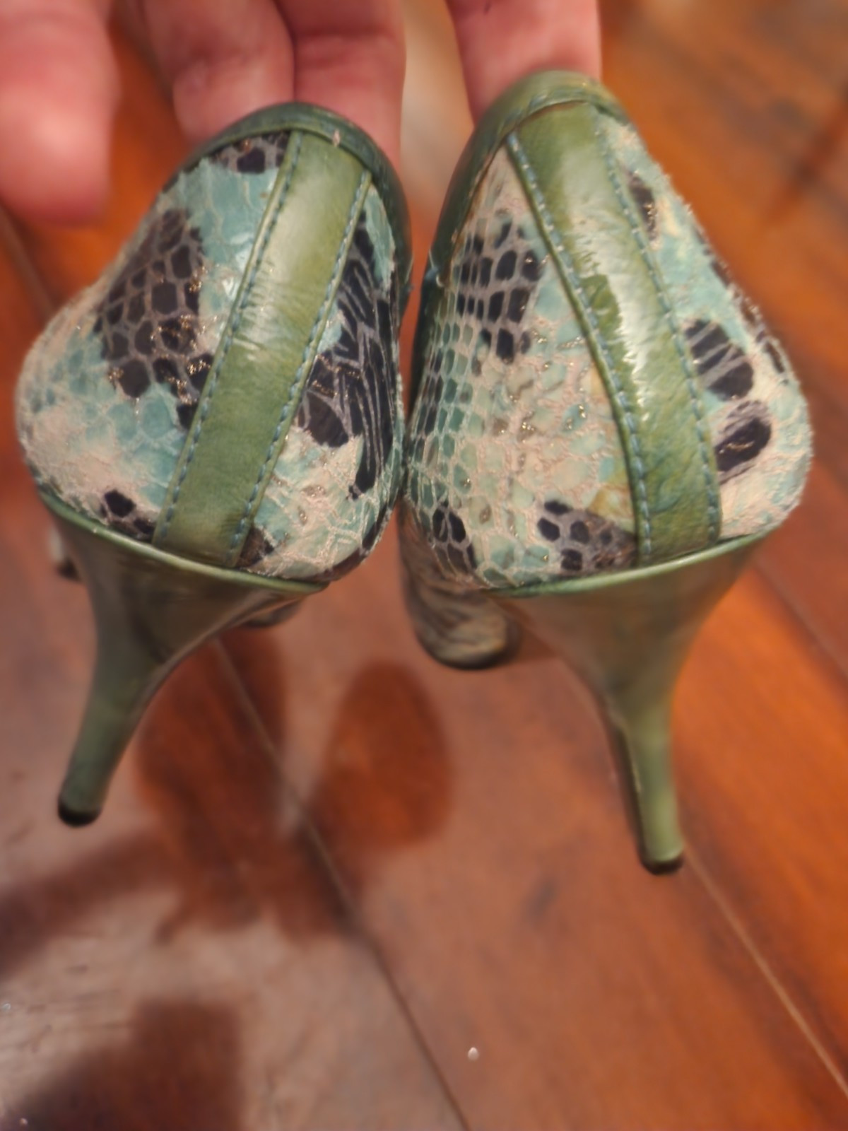 Naughty Monkey 7 Green And Blue W/ Black Leopard Print & Gold Sparkle Pumps