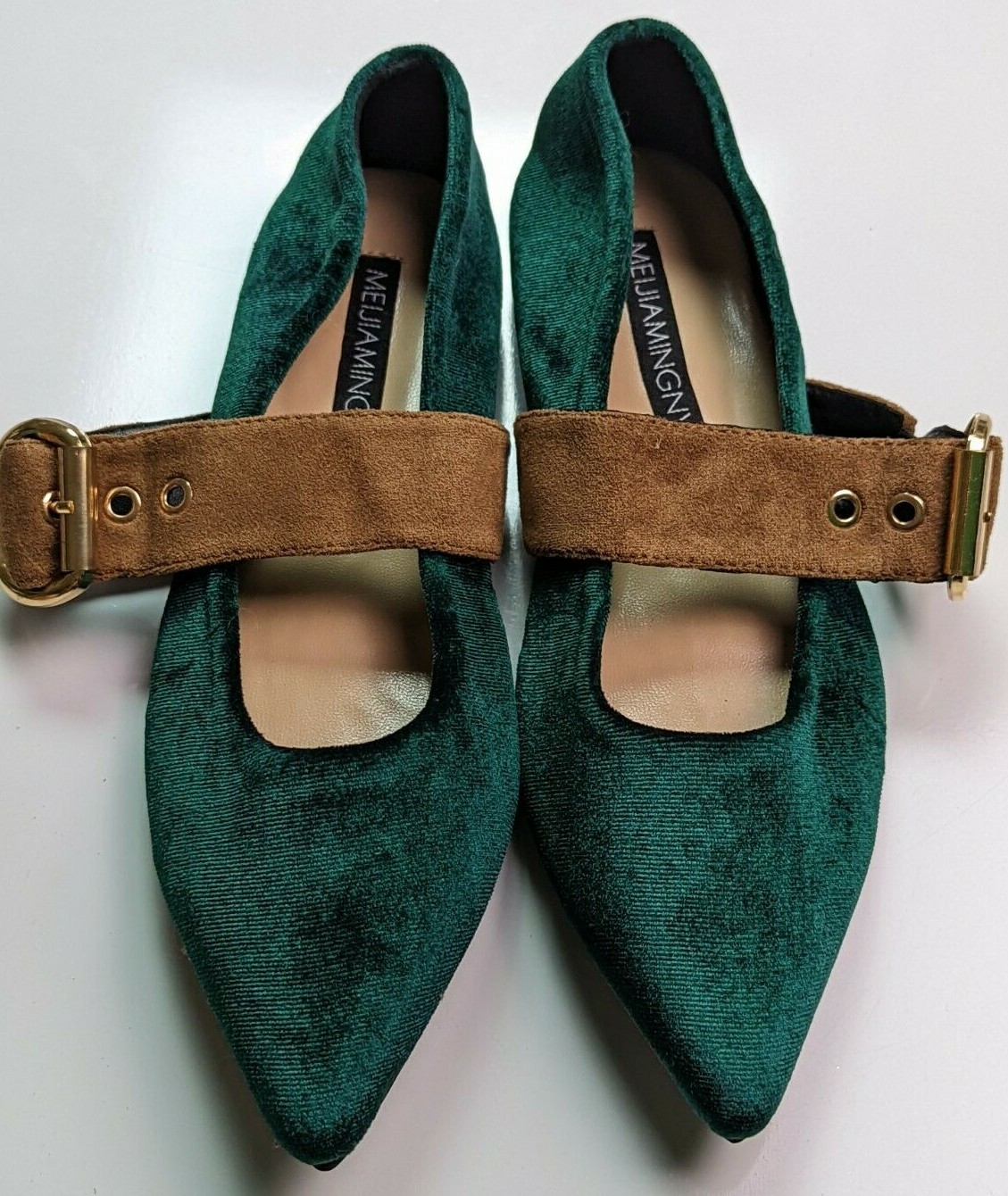 MEIJIAMINGNV Emerald Green Fabric Mary Jane Flats Brown Strap Size 230 US 6