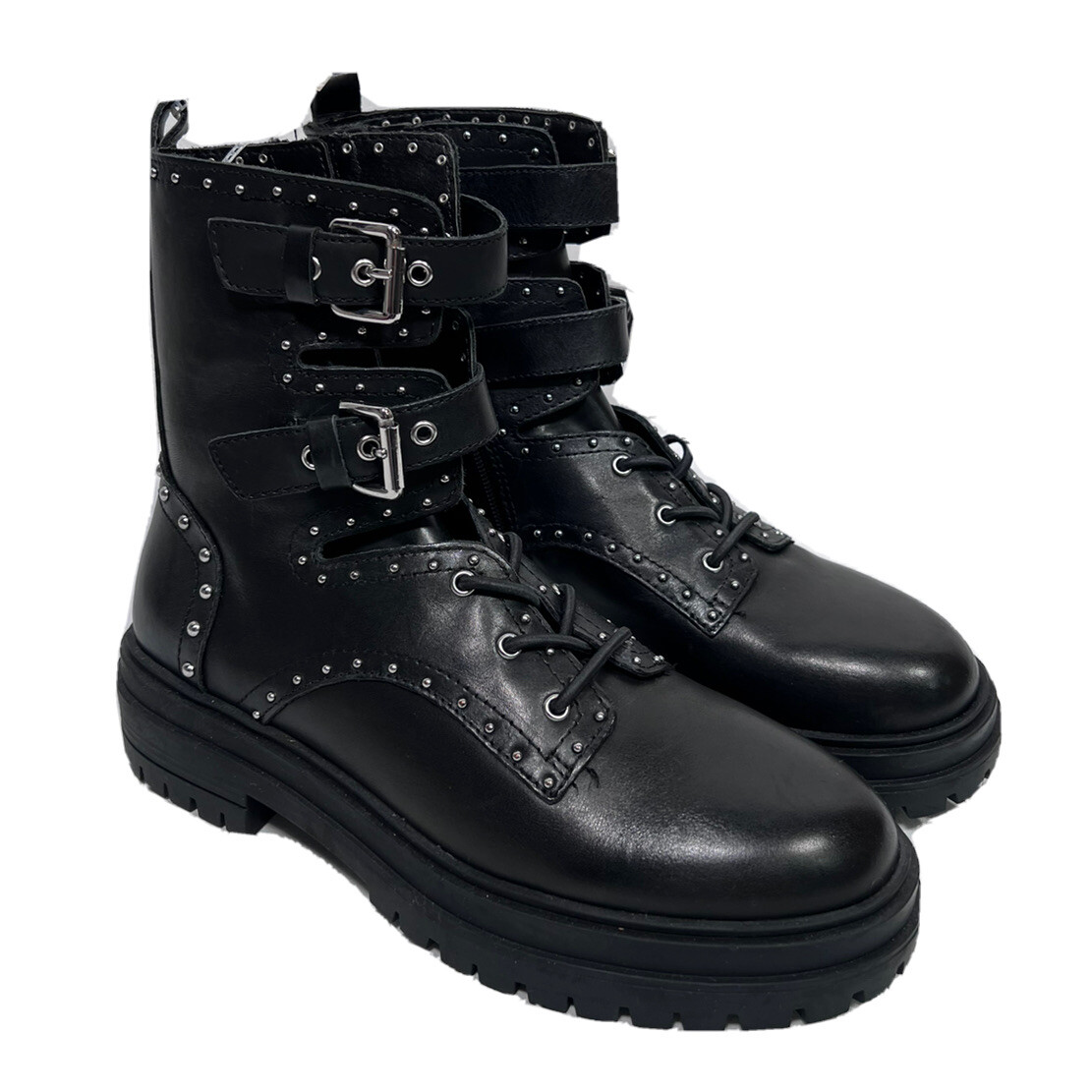 Chelsea Violet Women Combat Boots 7M Style Leather Biker Stud Black Punk Goth NW