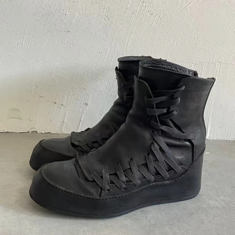 Side Cross Tied Walking Boot Thick Soled Zipper Men Western Runway Concise Shoes