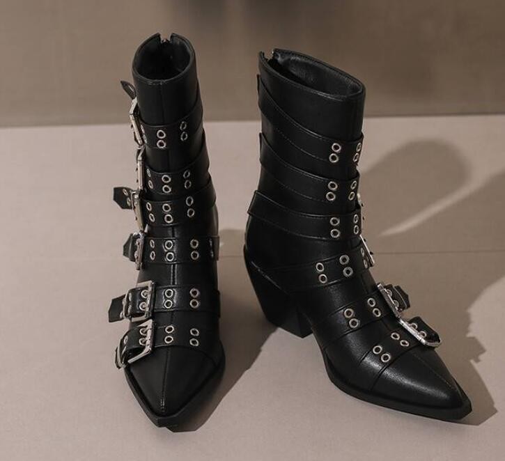 Women’s Pointed Toe Faux Leather Ankle Boots Punk Motor Casual Clubwear Shoes SZ
