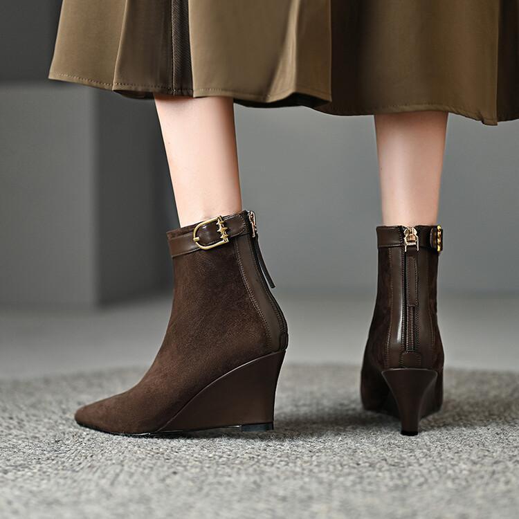 Women Fashion Formal Elegant Pointed Toe Wedge Heel Solid Color Work Ankle Boots