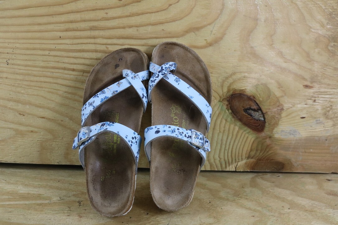Birkenstock Papillio Sandals Womens L7 Blue Floral Leather Tabora Slides