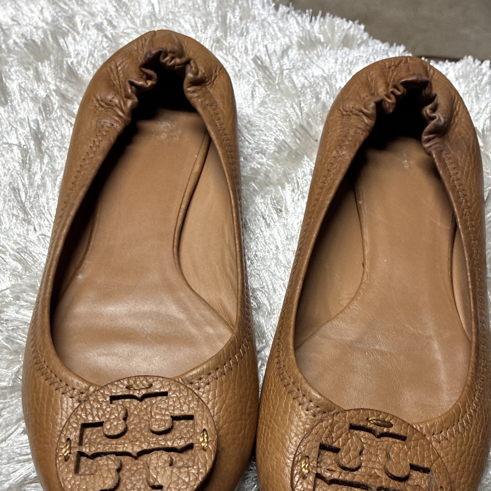 Tory Burch Women’s Tan Leather Ballet Flats Logo Slip-On Round Toe 8.5