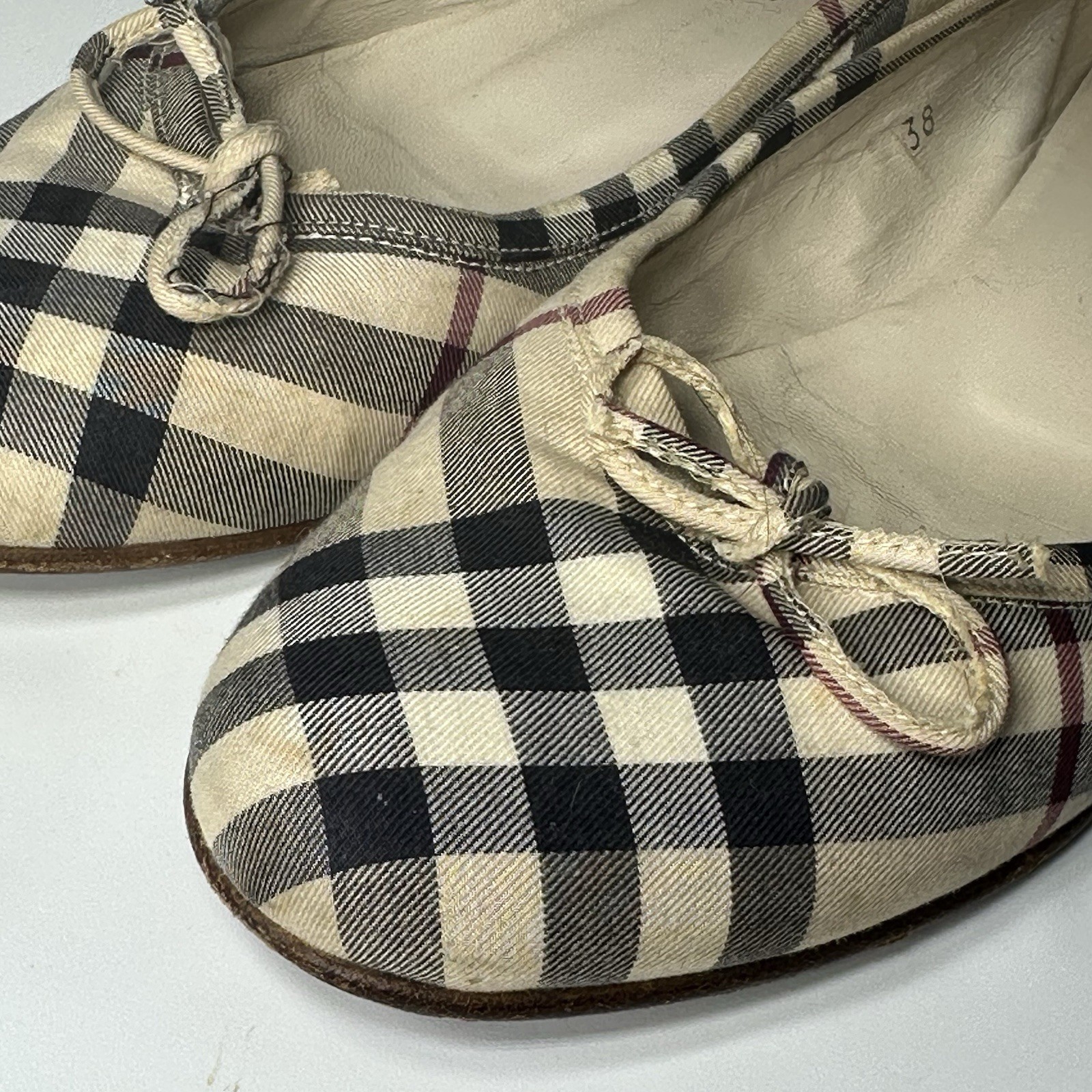 Burberry Nova Check Canvas Ballet Flats Bow Tie Beige Plaid Slip On Shows SzEU38