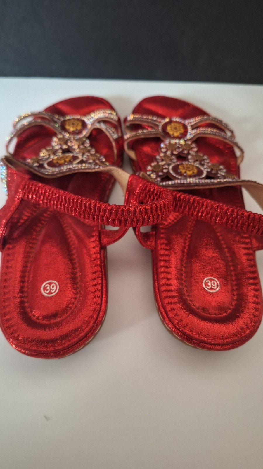 Bright Red Bohemian Styled Beaded Rhinestone Elastic Strap Flat Sandal Size 39