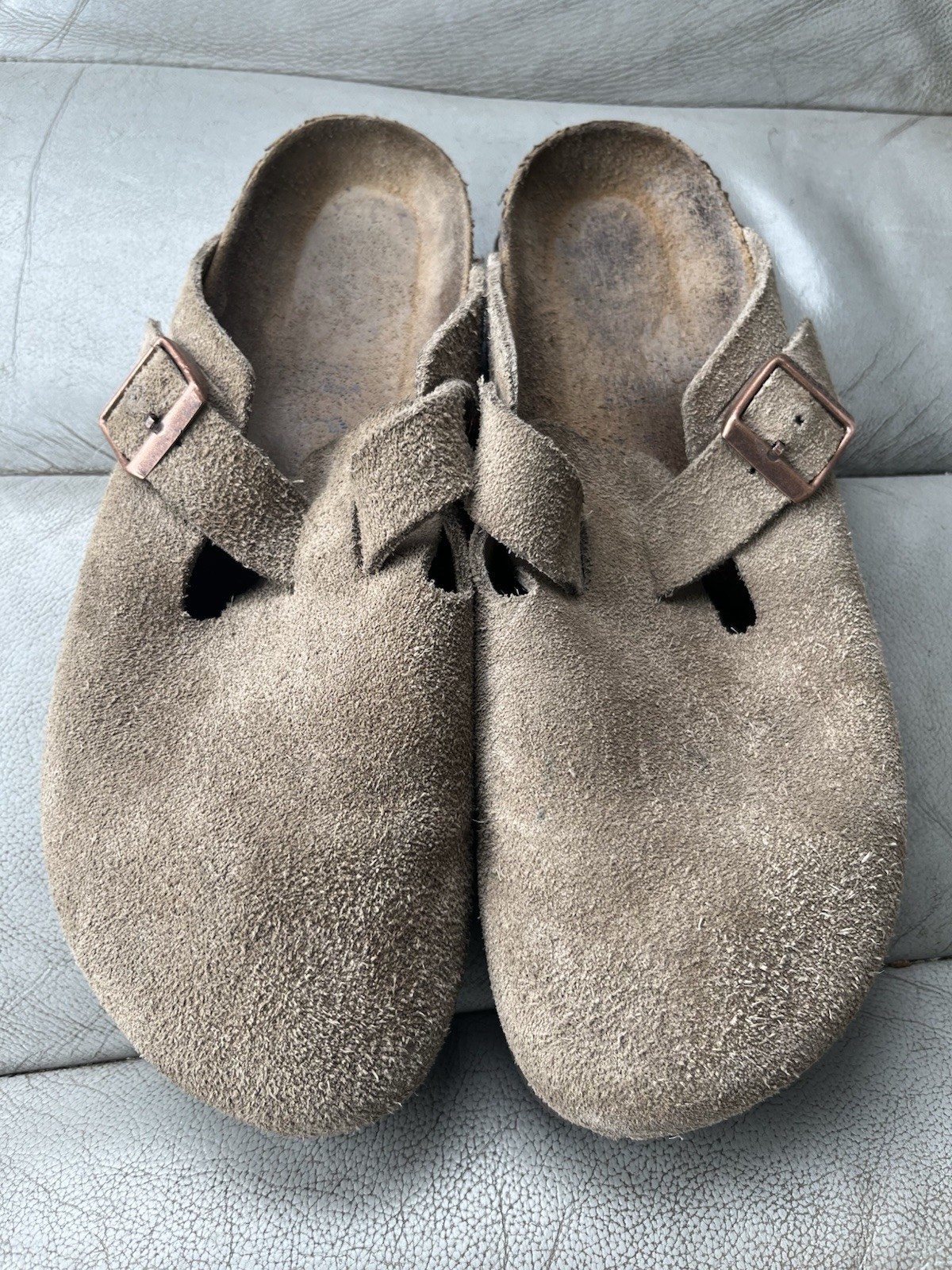Women’s Birkenstock Boston taupe suede soft footbed buckle clogs size 10 R / 41`