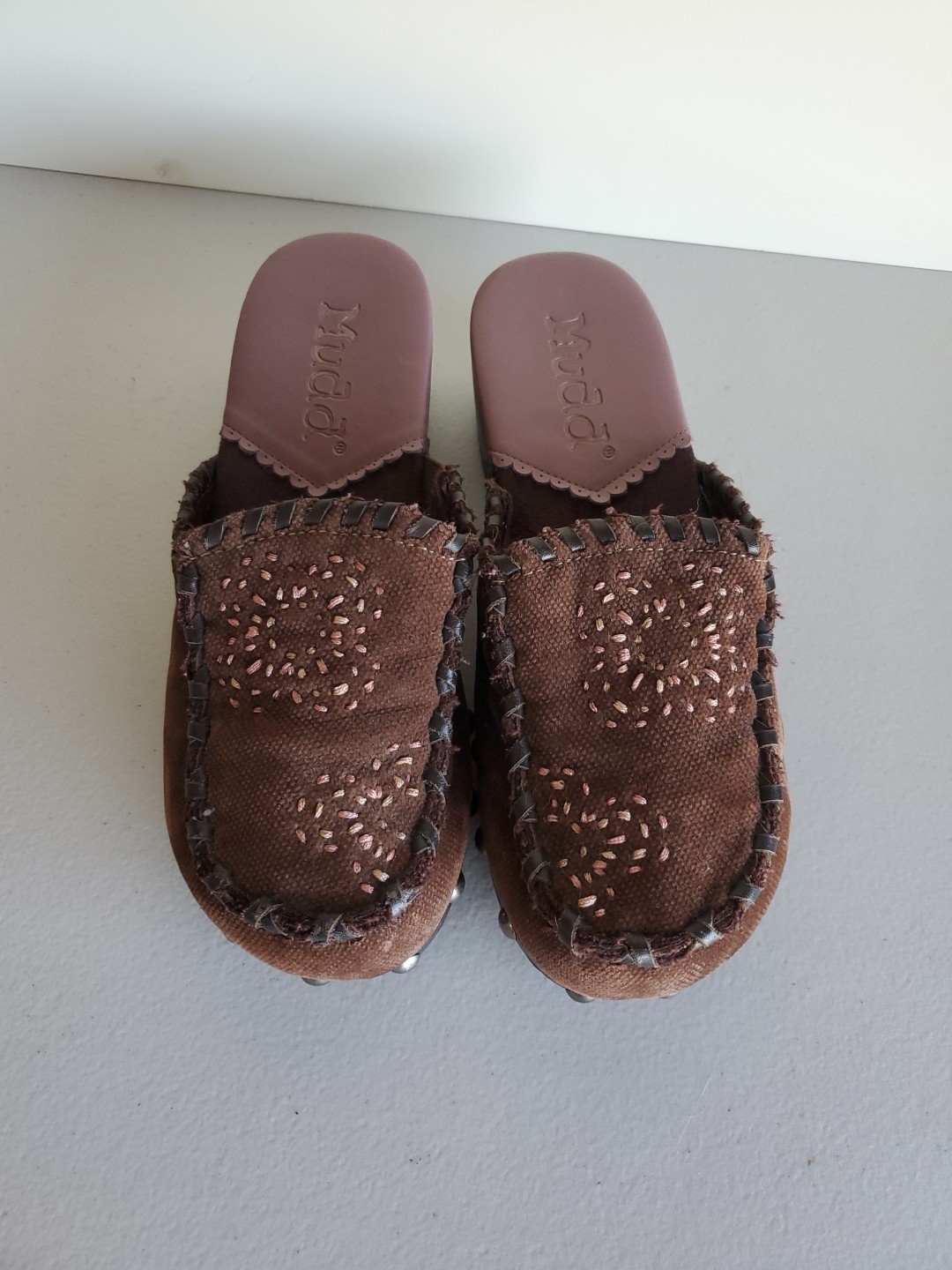 Vintage MUDD Slip-on Clogs Size 6 Wood Leather Cloth Stitch Studs Brown y2k 90s