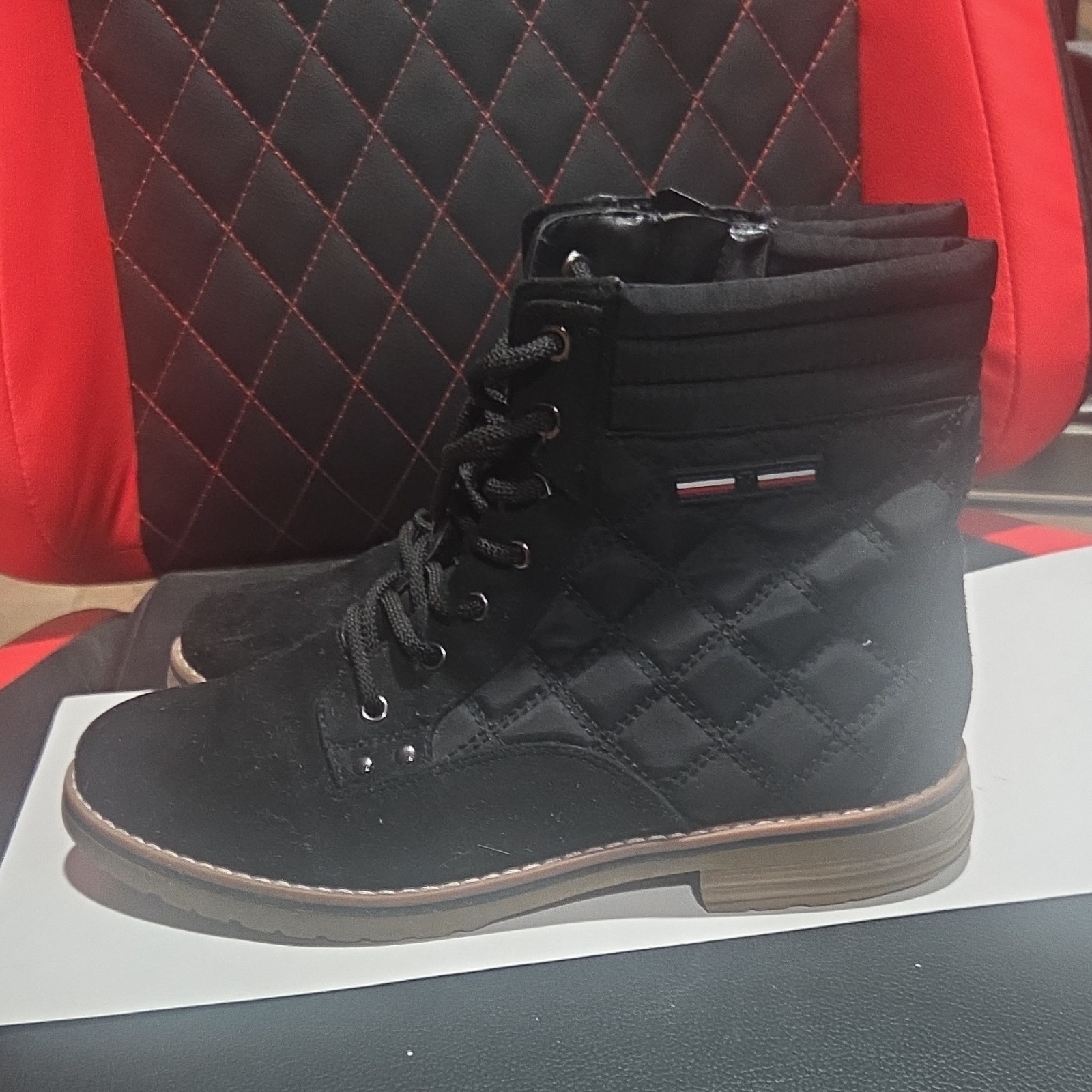 Tommy Hilfiger TWONELLA Black Quilted Lace-Up Ankle Combat Boots Textile Upper