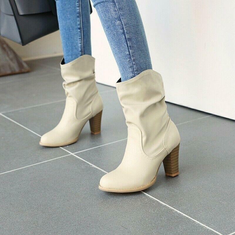 Women’s Office Work Casual Slouch Block Heel Round Toe Ankle Boots Outdoor Shoes