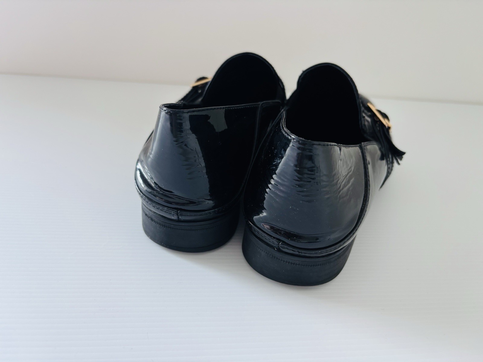 Midas Black Patent Leather Loafers Triple Buckle Womens Shoes Size 40 / 9