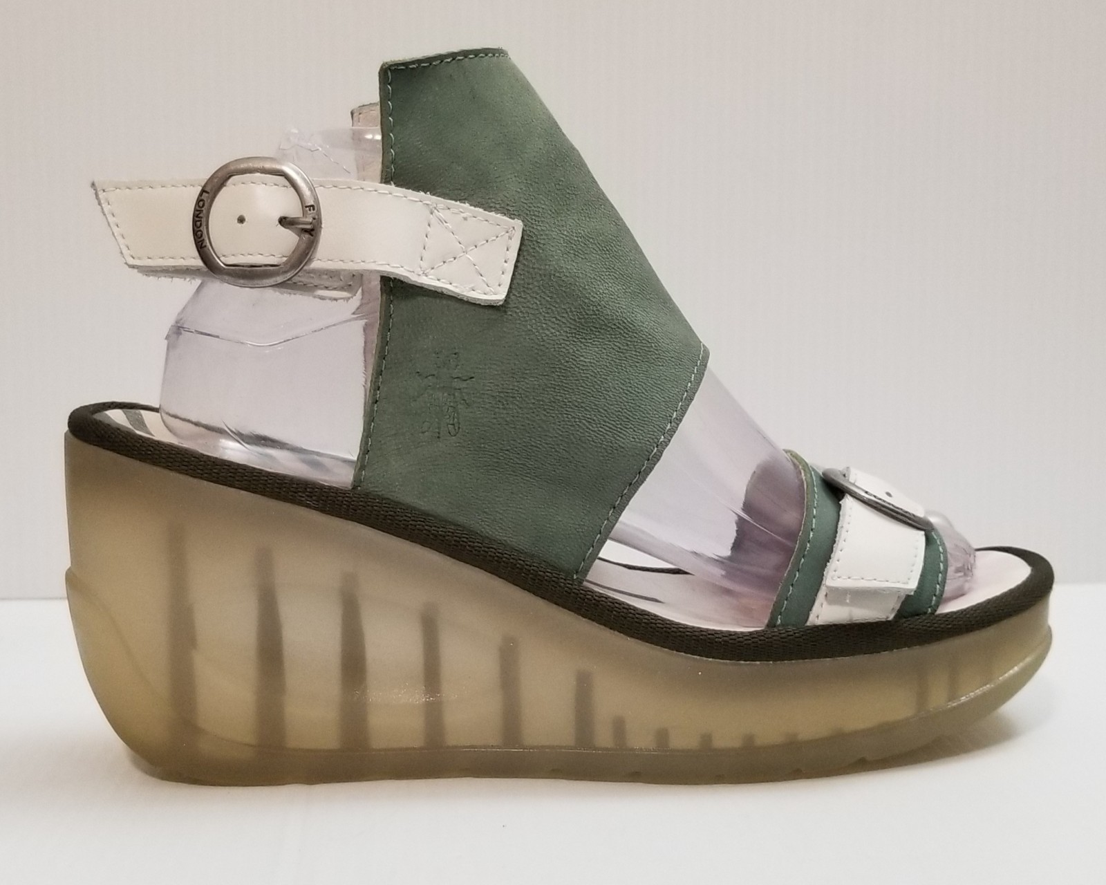FLY London Leather Ankle Strap Transparent Wedges – Jeno – Green – EU 39 – US 8