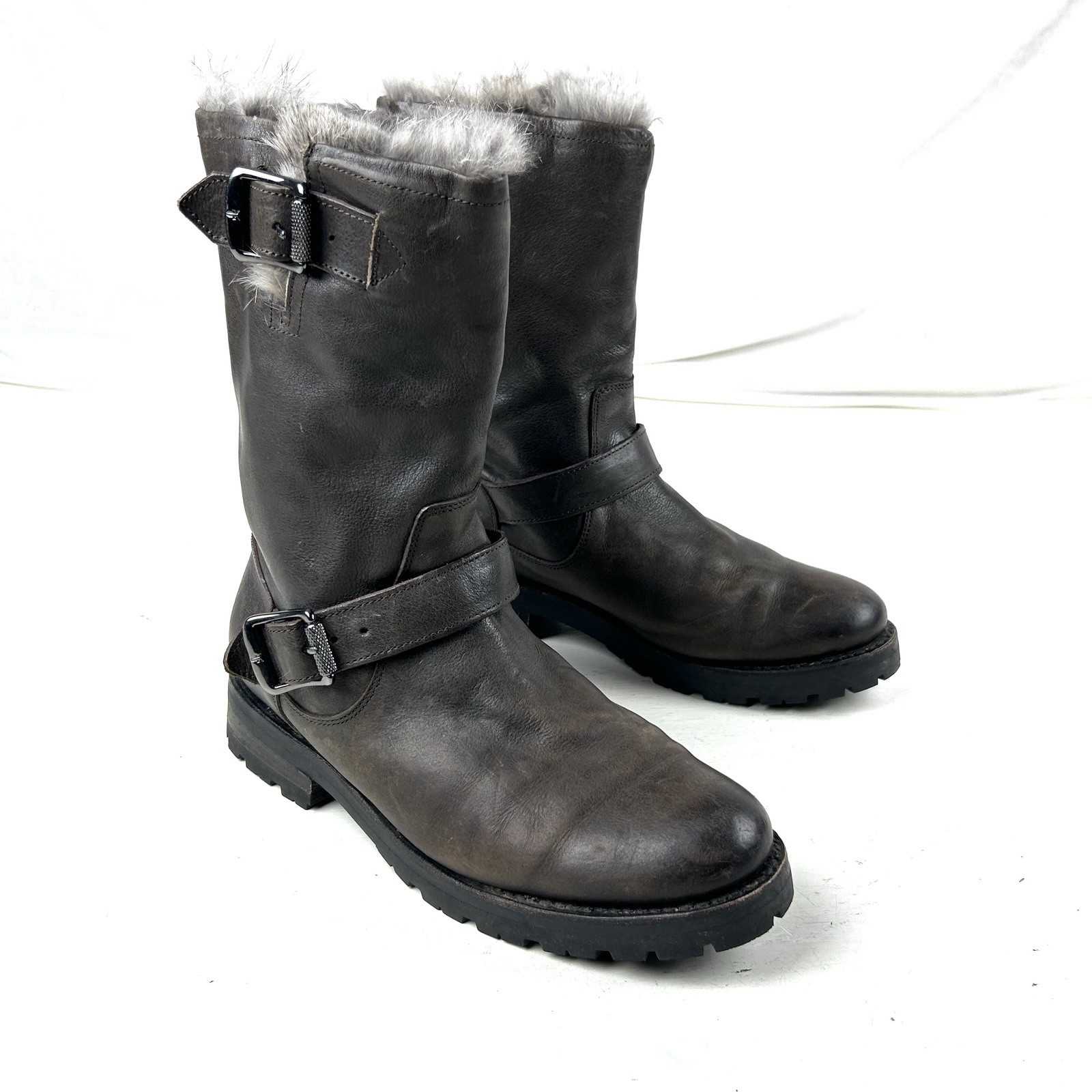 Frye Valerie Brown Soft Leather Shearling Lined Biker Boots 8.5 B