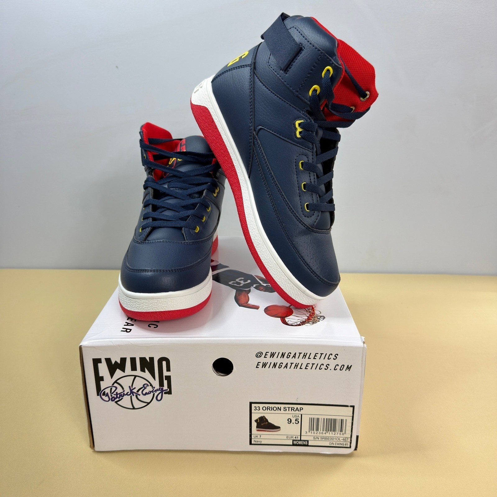 New Ewing Athletics 33 HI Orion Rebound Womens 9.5 Navy Red Yellow Sneakers Box