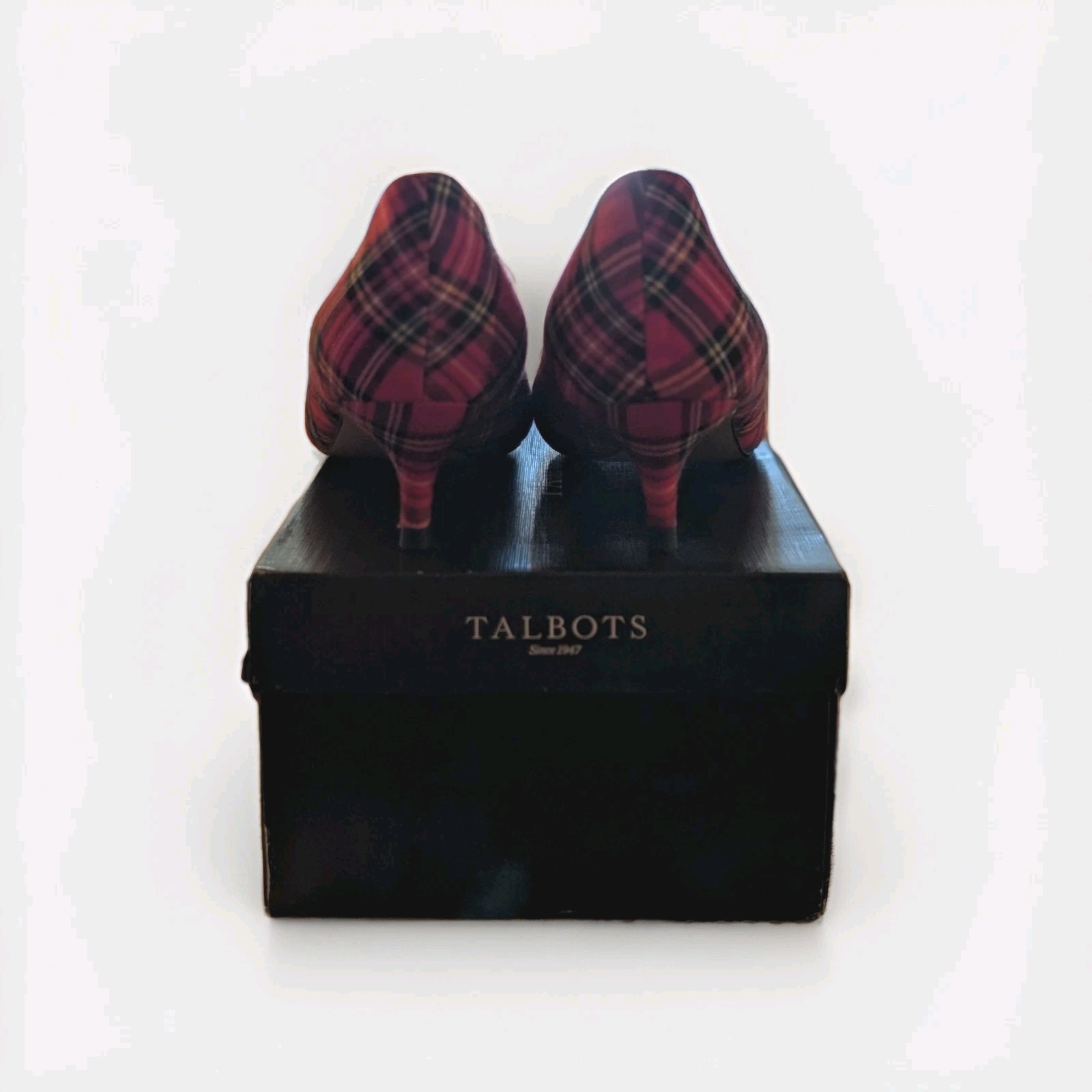 Talbots Red Multicolor Plaid Bow Pumps Kitten Heel Pointed Toe Fabric 9.5M