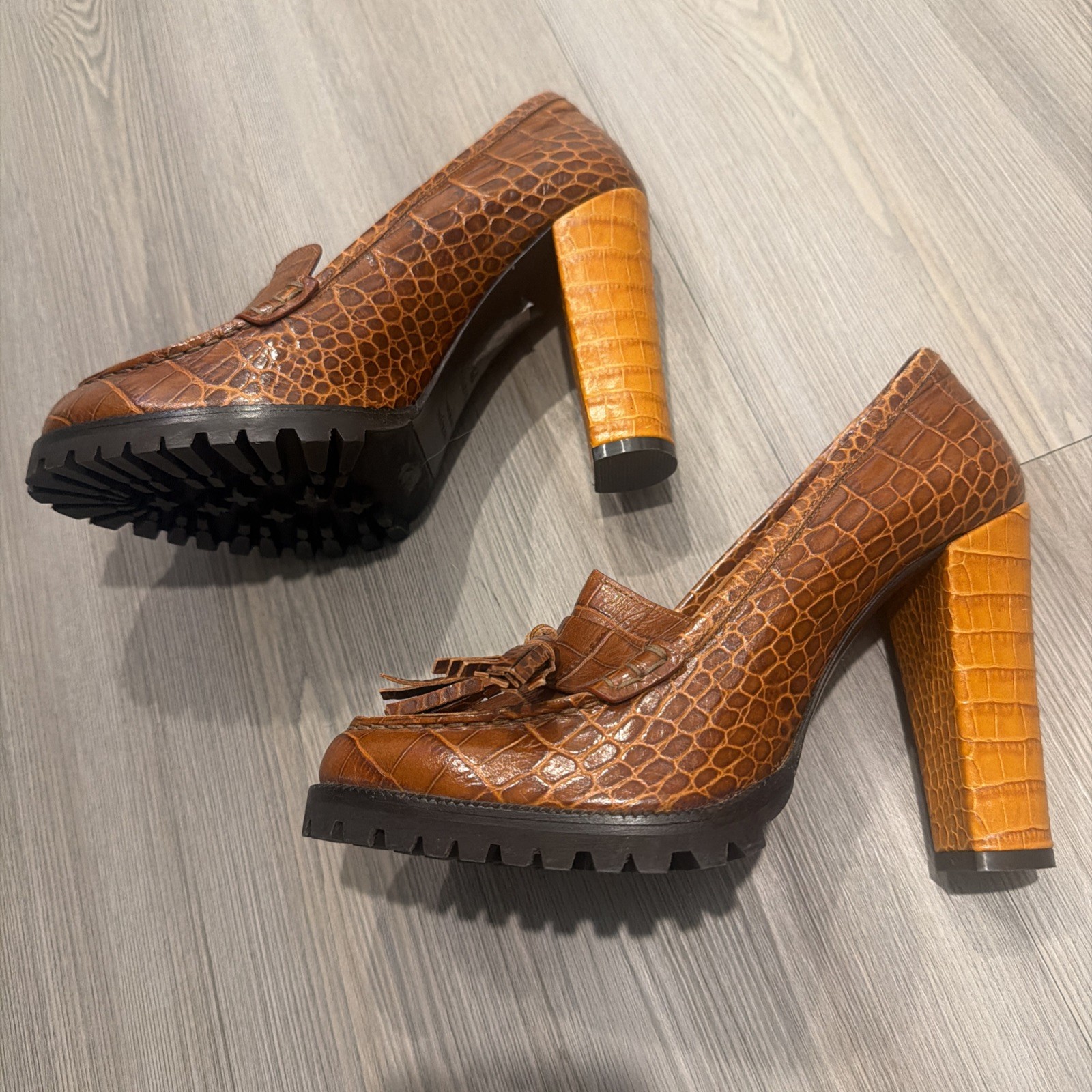 Jenni Kane Brown Reptile Embossed Leather Loafer Pump Heel Women Shoe Sz 9 NEW