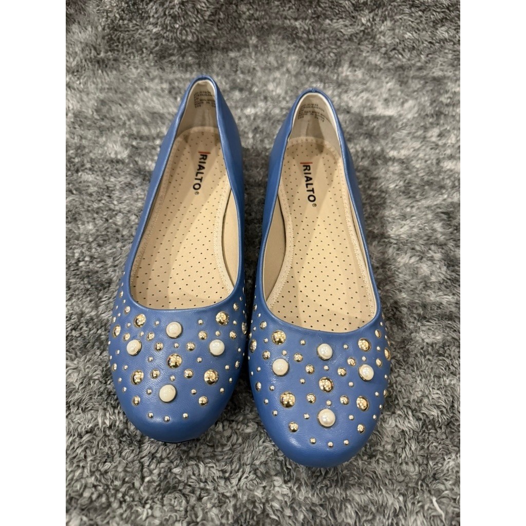 Rialto Santos Blue Studded Faux Pearl Embellished Ballet Flats Womens Size 8M