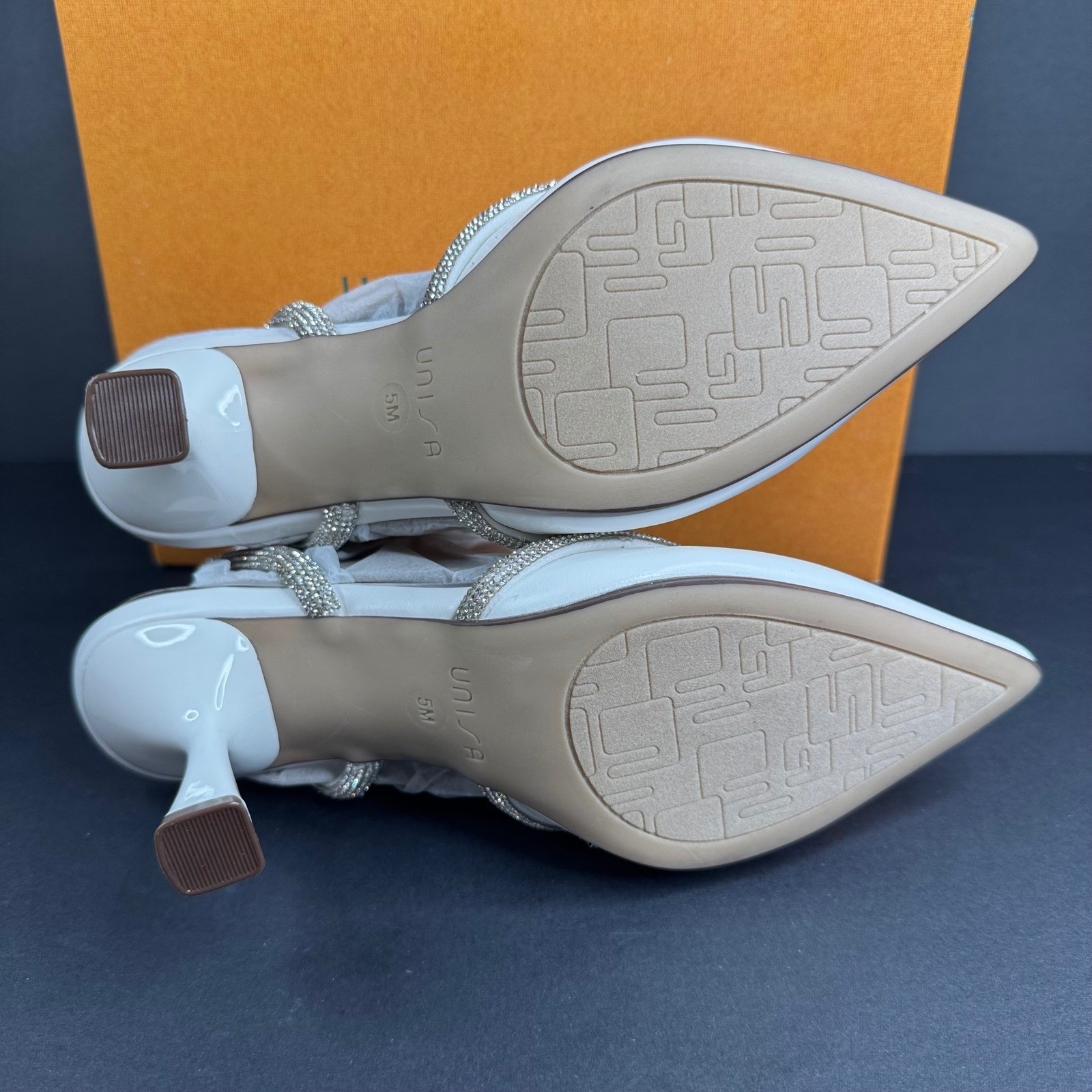 Unisa UNSEBI2 White Rhinestone Slingback Pointed Toe Flared Kitten Heels Wmns 5