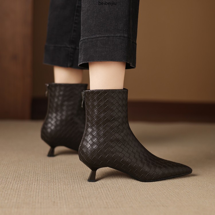 Women’s Weave Real Leather Ankle Boots Low Kitten Heel Dress Fashion Shoes Plus