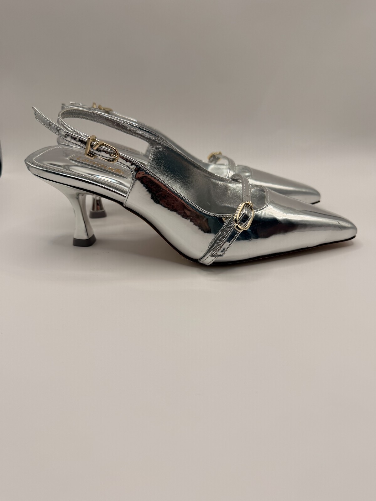 Larroudé Womens Ines Pump In Silver Specchio Pointy Toe Slingback Heel Sz 7
