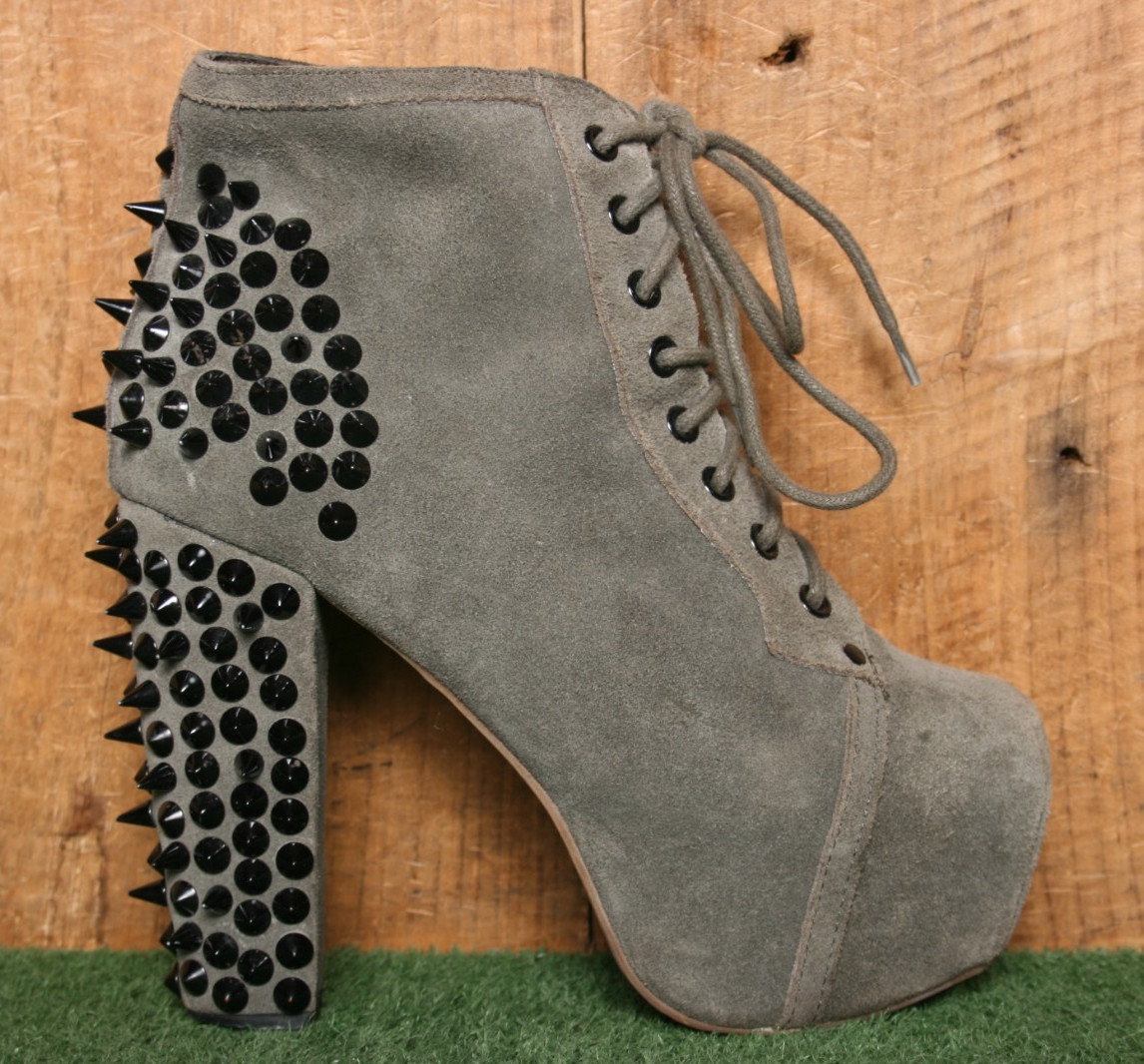 JEFFREY CAMPBELL ‘Lita’ Olive Suede Black Spike High Heel Platform Boots 7.5 M