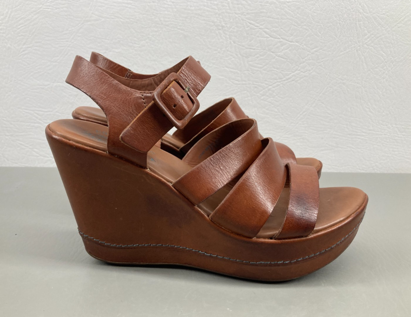 Kork Ease Womens Wedge Sandals Size 6.5 Brown Leather Platform Ankle Strap