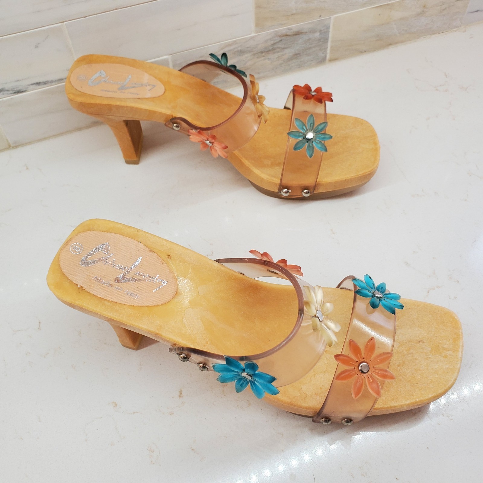 Chinese Laundry Slip-On Heels Clear Straps Jelly Flowers Rubber Platform Italian