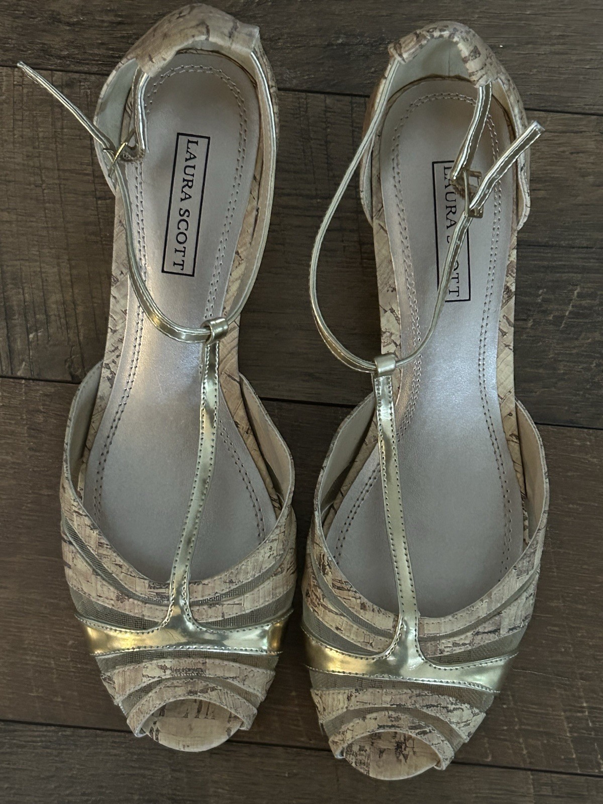 Vintage 90’s Laura Scott T Strap Sandals Heels Gold Accent Cork Heel 9.5 Spring