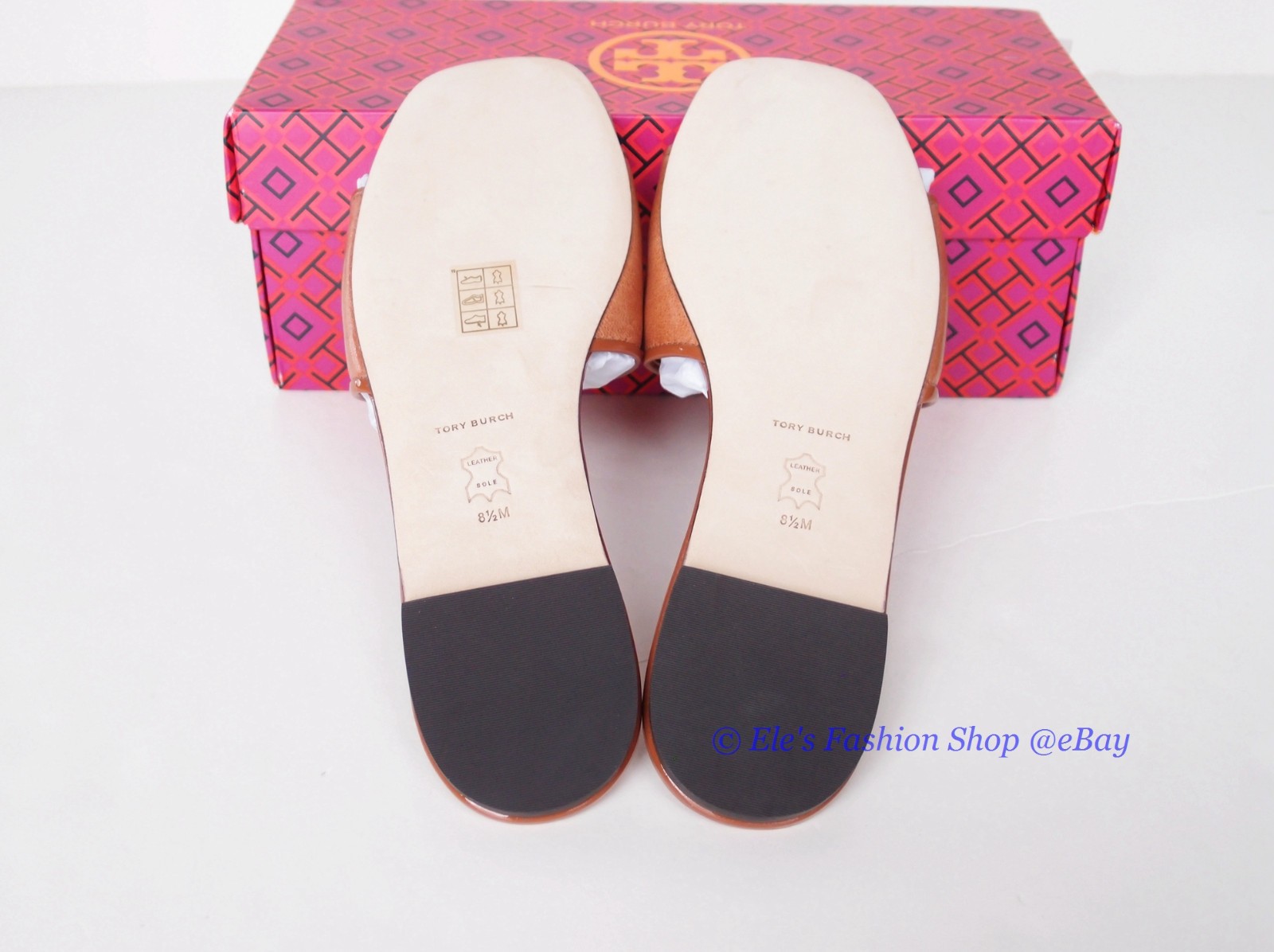 NIB Tory Burch Eleanor Leather Slides Bourbon Brown Tan US 8 8.5 9 AUTHENTC