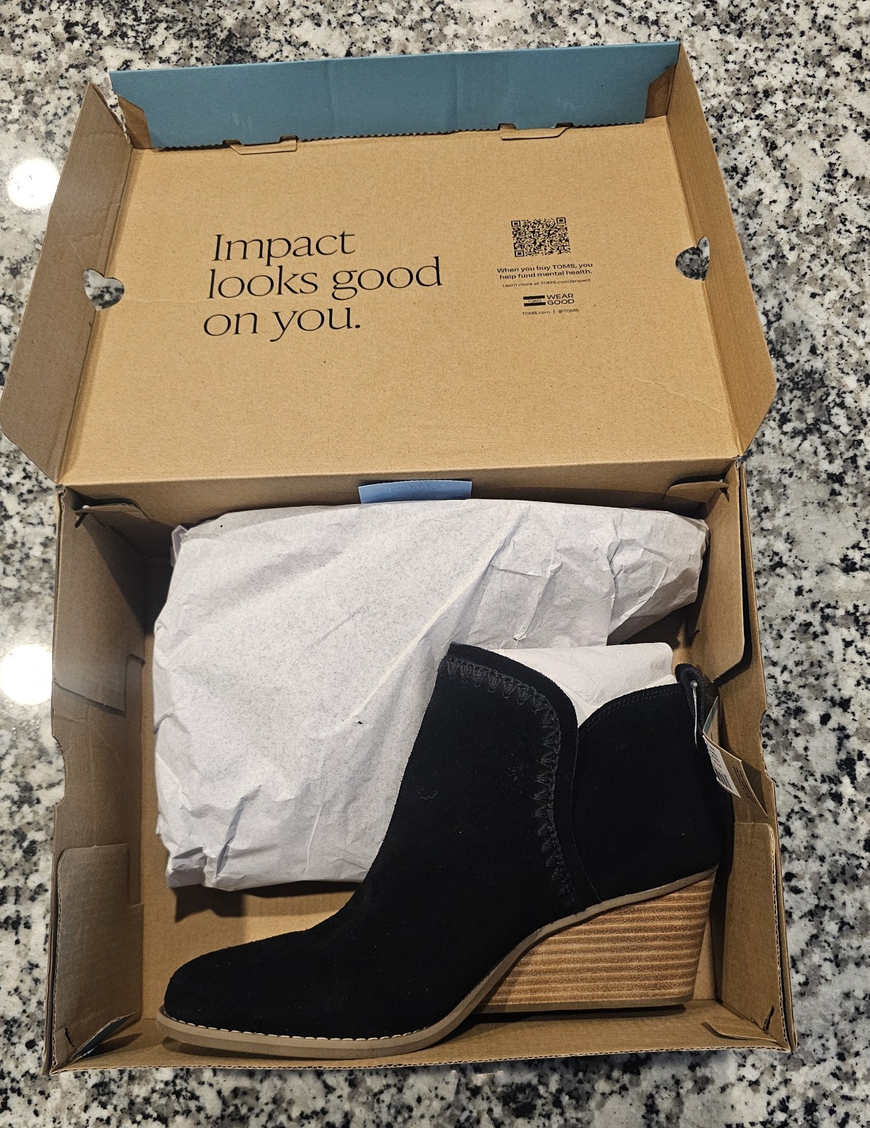 TOMS Kaia Women’s Black Suede Ankle Bootie Wedge Slip-On Round Toe 10