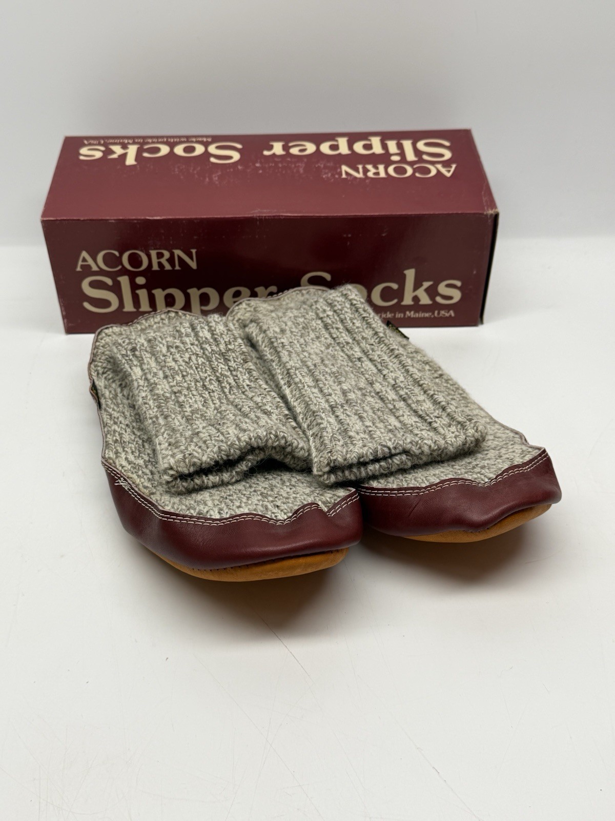 Acorn Tall Slipper Sock Leather Wool Women 9-10 Heathered Gray Wool Leather USA