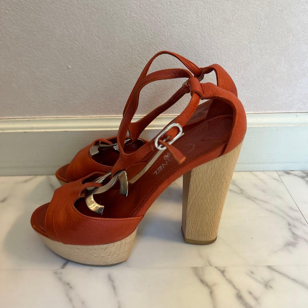 CHANEL Shoes Pumps Heel Cocomark EU 36.5 US 6.5 Leather Orange Authentic