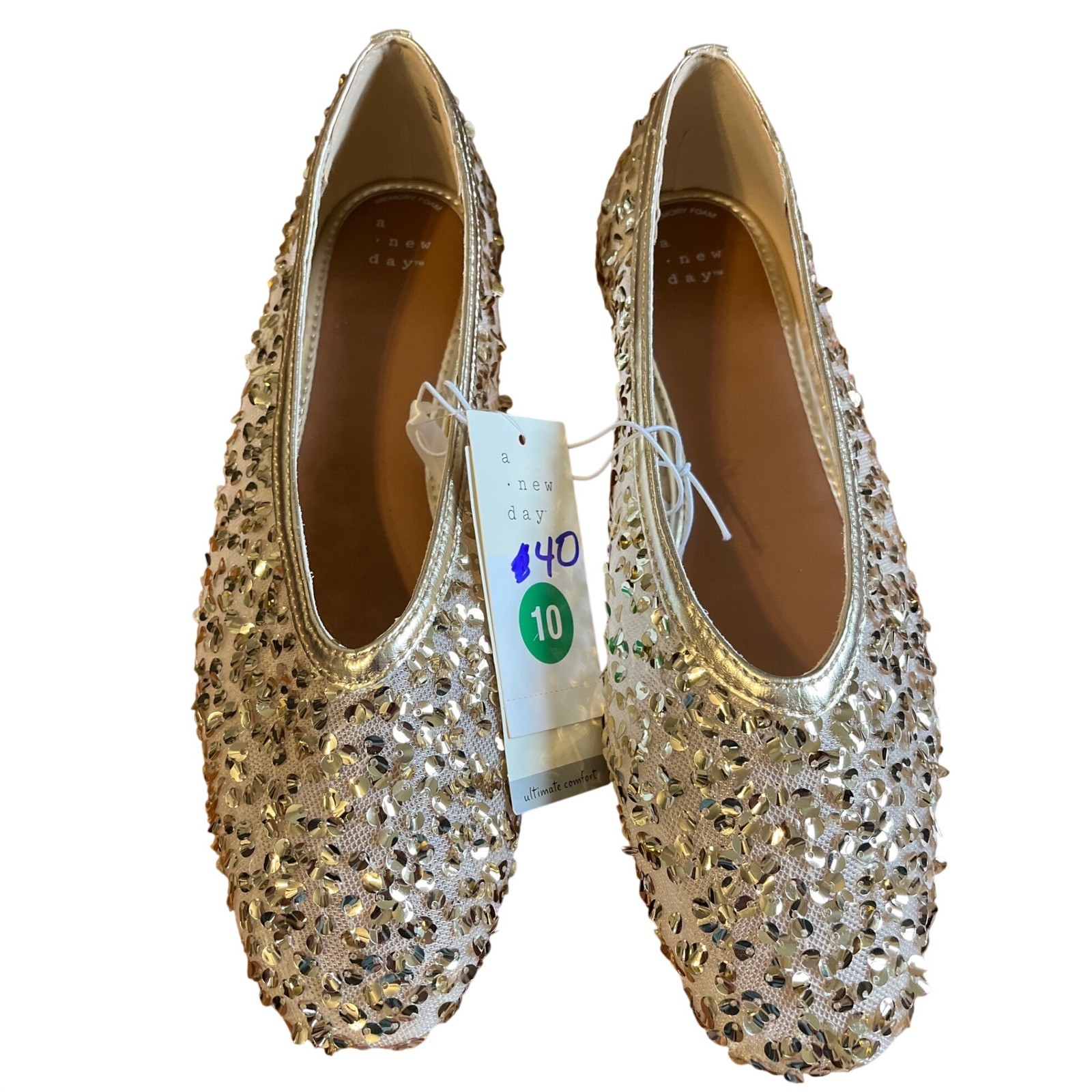 A New Day Womens Gold Sequin Ballet Flats Memory Foam Size 10 Sparkly Glam Shoes