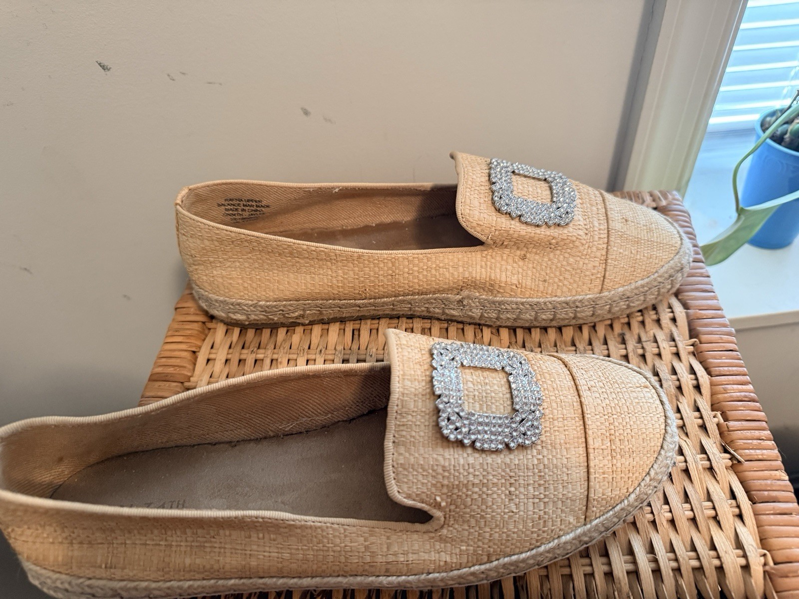 On 34th Women’s Espadrille Loafers Rhinestone Buckle Tan/Natural Size 12