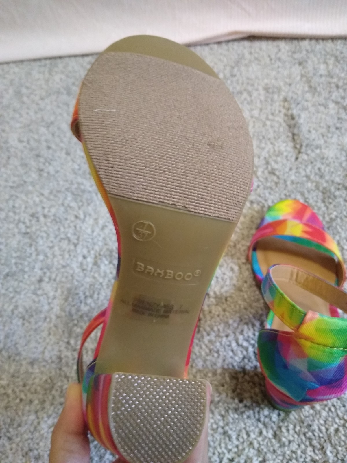 Y2K High Heels Rainbow Chunky Heels Sandals Textured Fabric Vintage Heels NIB 7