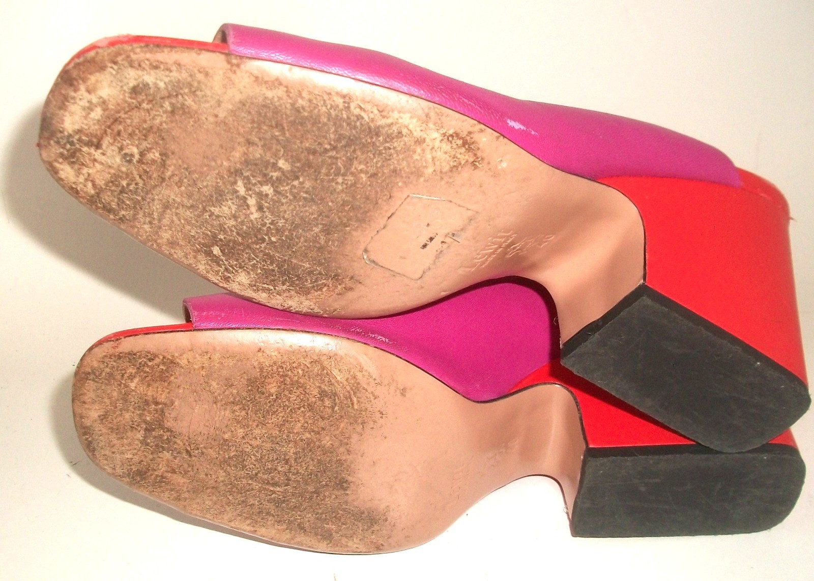 Lewitt Fuschia Pink and Red Leather Open-Toe Heeled Mules Made in Italy 10M
