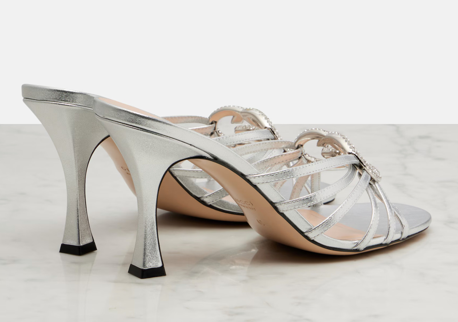 Gucci Interlocking G 85mm Silver Leather Crystal GG Logo Heel Mule Sandal 40