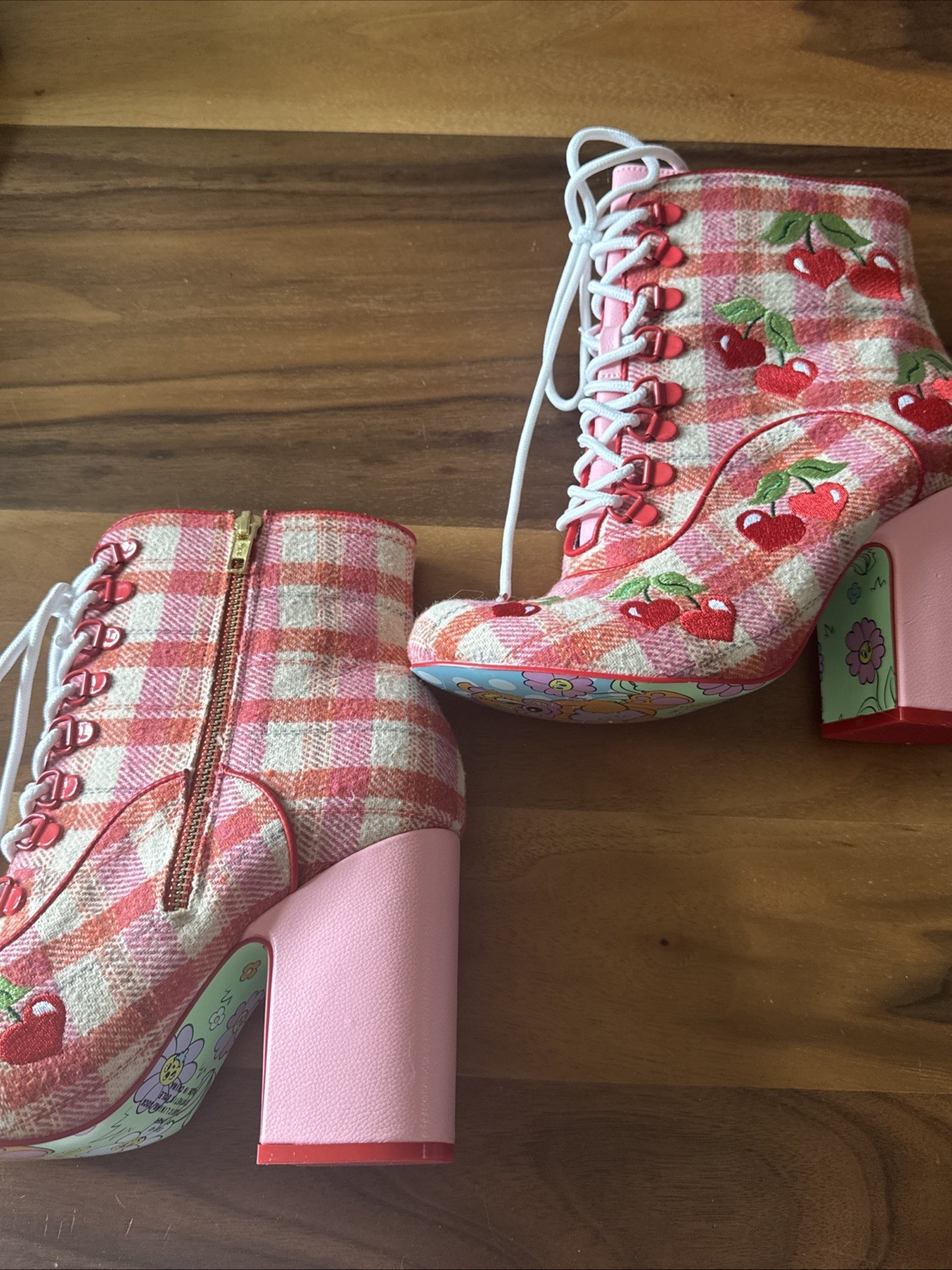 Irregular Choice Fruity Picnic Cherry Tie Up Heels Graphic Bottom Size 9-91/2